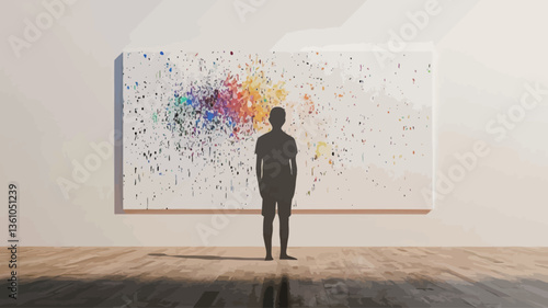 The image shows a rear view silhouette of a person standing before a large, horizontally-oriented abstract painting.  The painting features a predominantly white background with multicolored