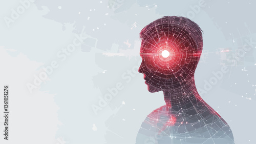 The image is an abstract representation of a human head and shoulders in profile view.  The silhouette is translucent, revealing an inner glow of red light radiating from the center of the head.