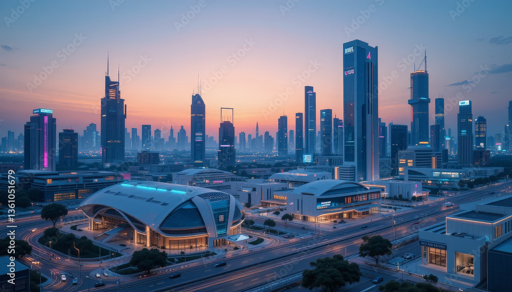 Fototapeta premium stunning cityscape at dusk showcases modern skyscrapers and architectural marvels, illuminated by vibrant lights against twilight sky. scene evokes sense of urban energy and innovation