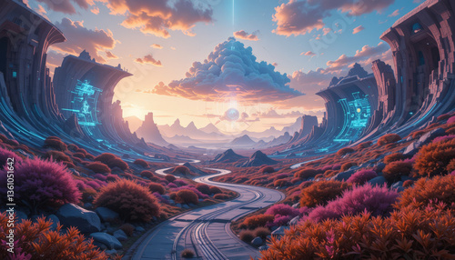 Wallpaper Mural stunning digital landscape featuring vibrant colors and surreal elements, showcasing futuristic valley with glowing structures and winding path leading towards majestic sunset. scene evokes sense Torontodigital.ca