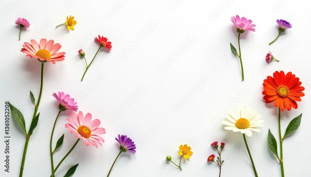 Fototapeta premium Delicate, scattered wildflowers on white backdrop, subtle, backgrounds, elegant