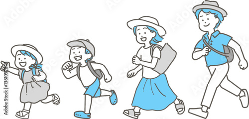 走っている夏の家族のイラストセット