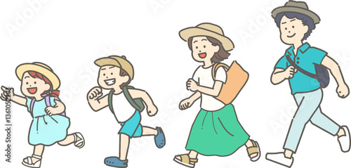 走っている夏の家族のイラストセット