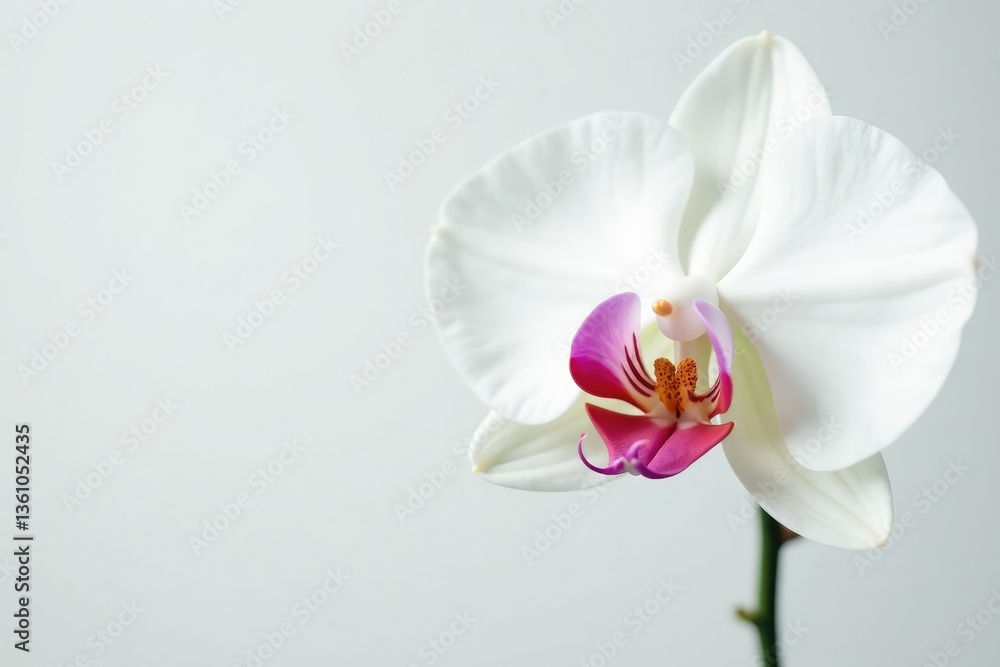 Obraz premium Delicate white orchid blossom against pure white backdrop, pure, fresh, wedding