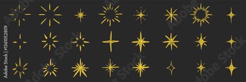 Stars big set. Chalk textured kids freehand drawing shine twinkle. Crayon hand drawn child scribble spark. Pastel pencil childish decorative sparkling collection. Sketch vector illustration isolated