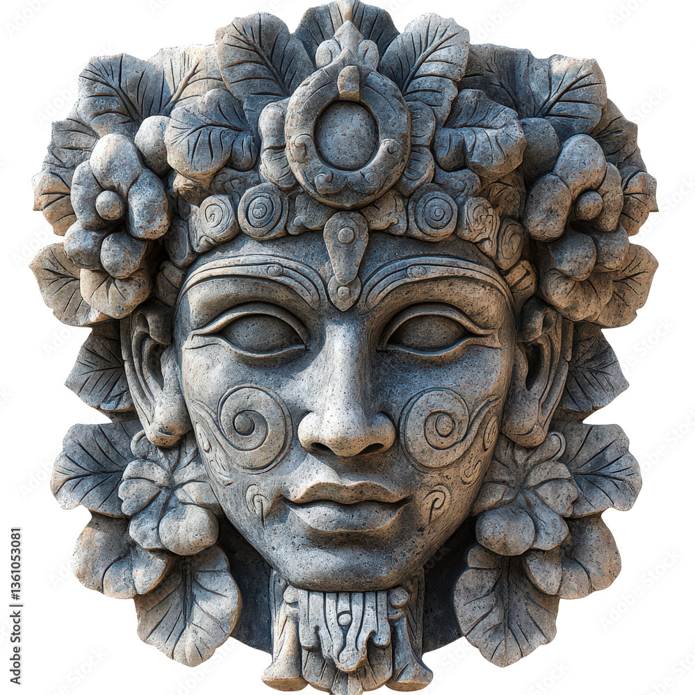 Fototapeta premium Stone Sculpture of Floral Headdress Face a Timeless Echo of Ancient Beauty