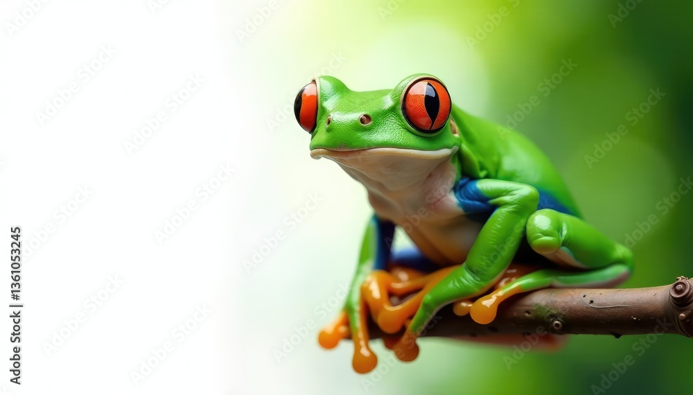Obraz premium Green tree frog perched on white, vibrant colors, peaceful, wildlife