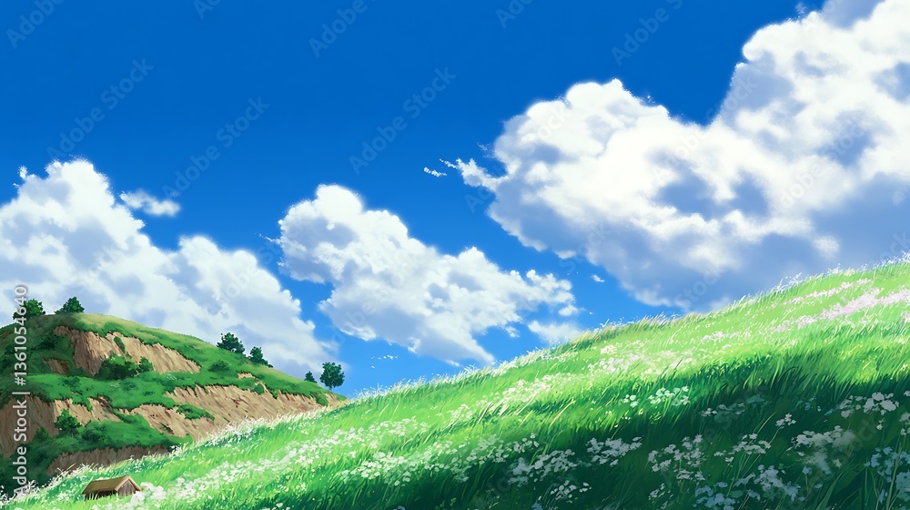 Naklejka premium 초원에서 여유롭게 걷는 여성, 푸른 하늘과 구름 배경