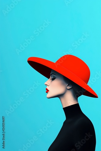 Surreal minimalist magazine cover featuring a profile silhouette with a bold red hat against a dreamy blue background