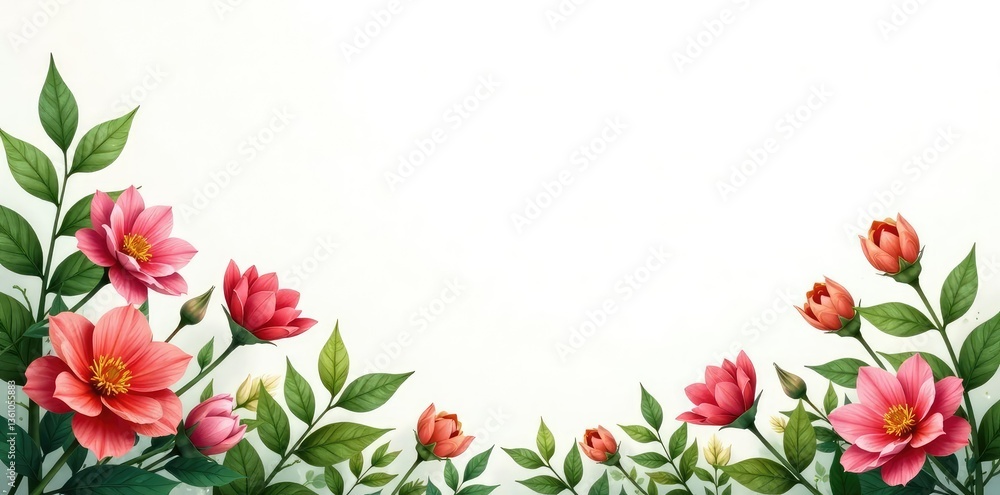 White background with isolated flowers and greenery, flowers, leaves White background with isolated flowers and greenery, flowers, leaves