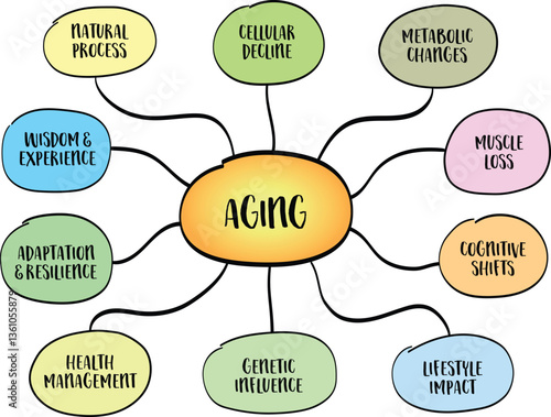 Aging, natural process of biological, physiological, and psychological changes that occur in living organisms over time. Infographics sketch.