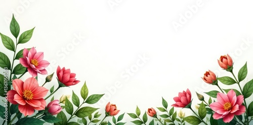 White background with isolated flowers and greenery, flowers, leaves