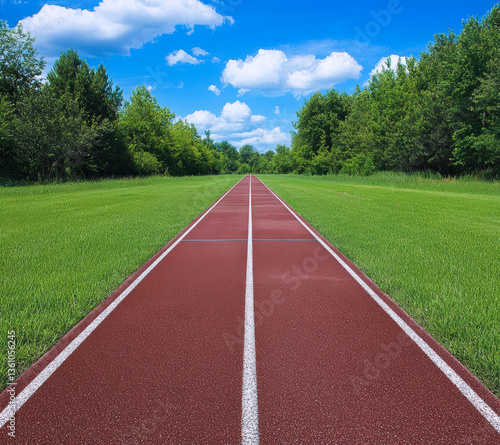 Wallpaper Mural A serene running track stretches into the distance, bordered by lush green grass and trees under a bright blue sky, inviting runners to embrace nature while exercising. Torontodigital.ca