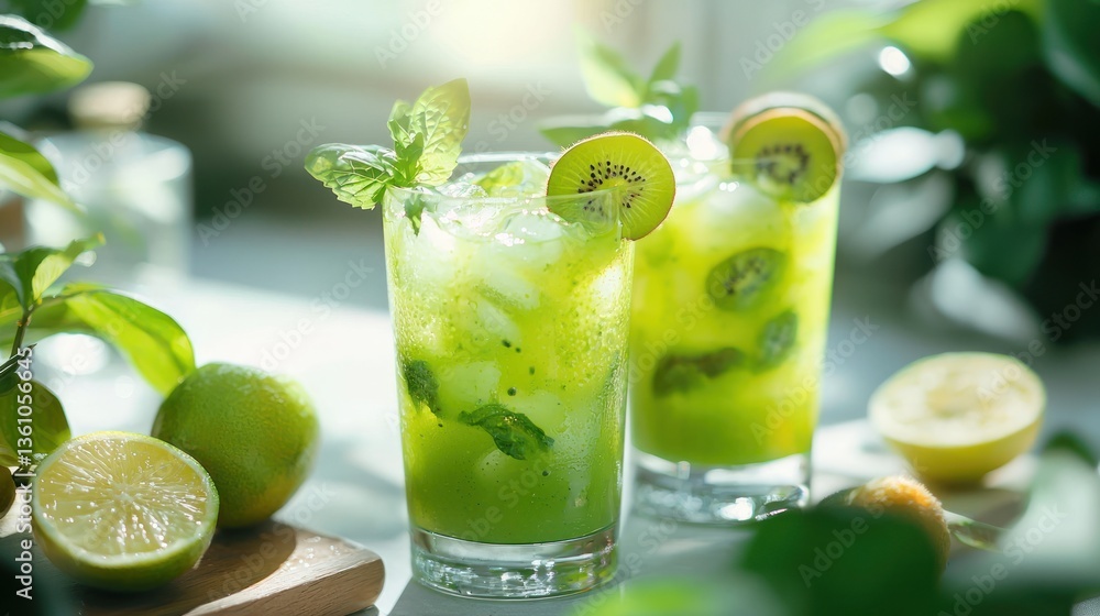 Fototapeta premium A person enjoying a juice cleanse with green juice and fruits