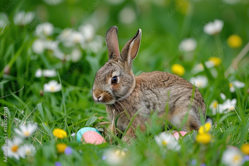 Fototapeta premium Easter bunny rabbit with blue painted egg on blue background. Easter holiday concept.