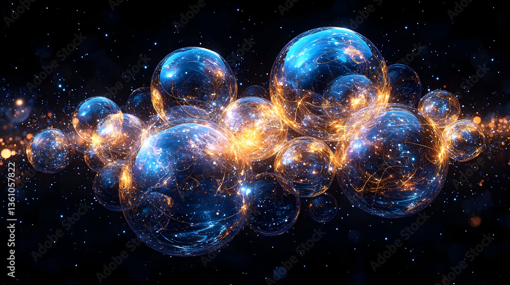 Fototapeta premium Glowing Blue and Orange Spheres in Dark Space