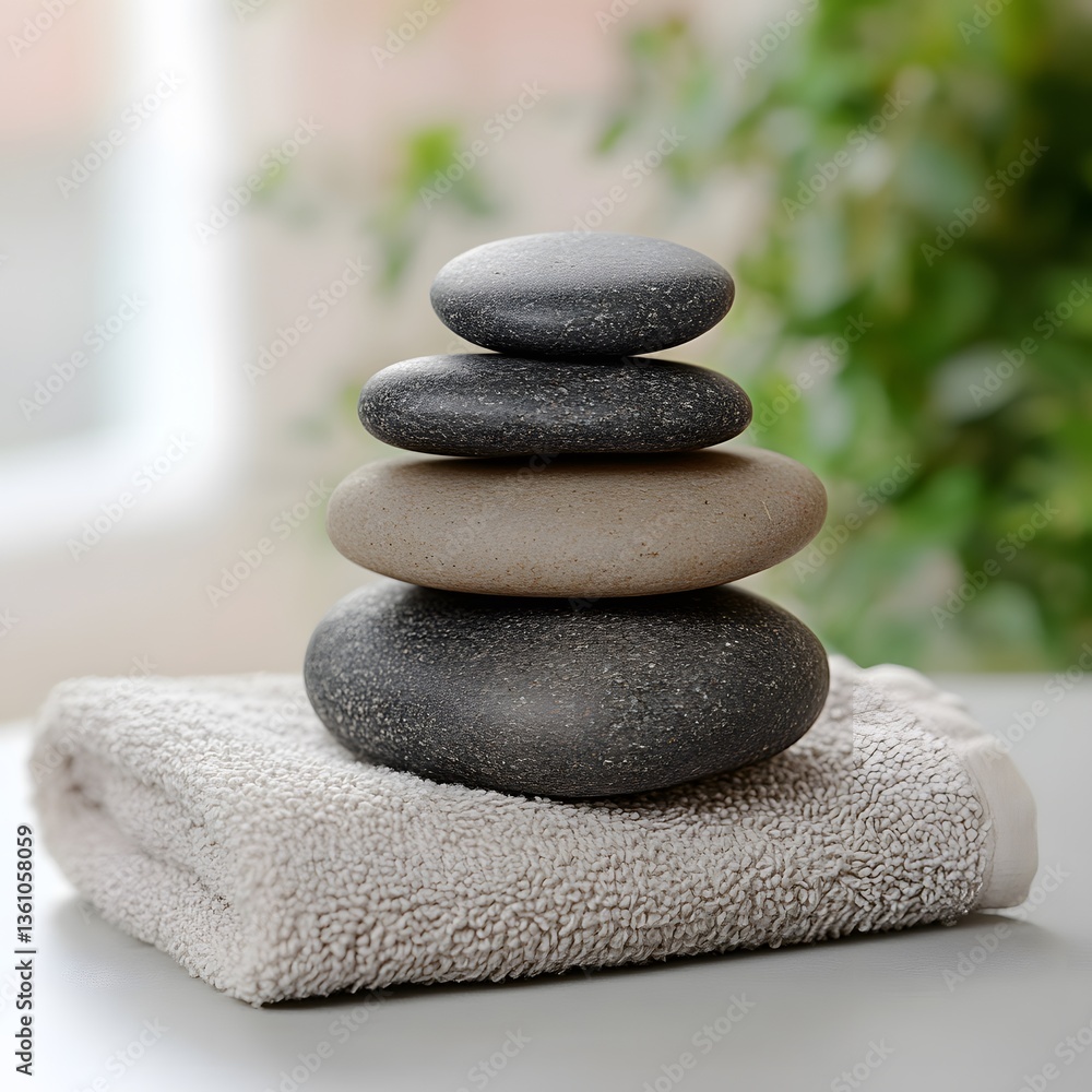 Stacked stones, spa towel, window, plants, serenity Stacked stones, spa towel, window, plants, serenity