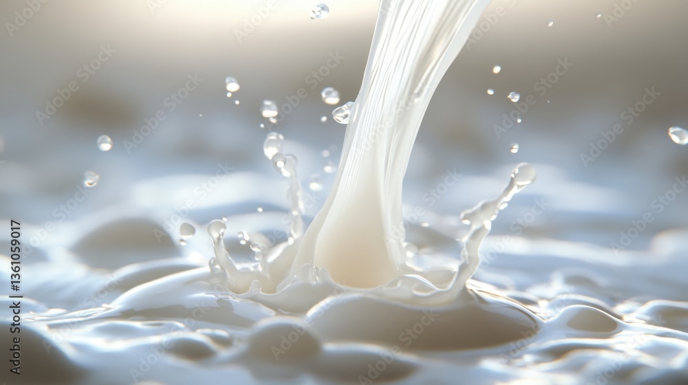 High-resolution milk pouring shot from the top right, suspended in time with a commercial photography aesthetic. Ultra-clean white background. High-resolution milk pouring shot from the top right, suspended in time with a commercial photography aesthetic. Ultra-clean white background.