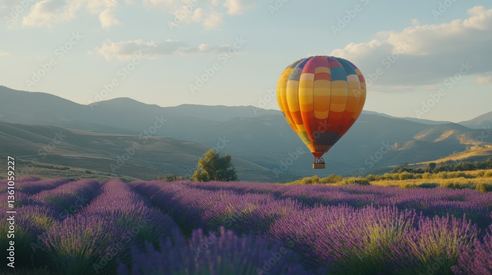Fototapeta premium Colorful Hot Air Balloon Floating Over Vibrant Lavender Fields in Scenic Mountain Landscape