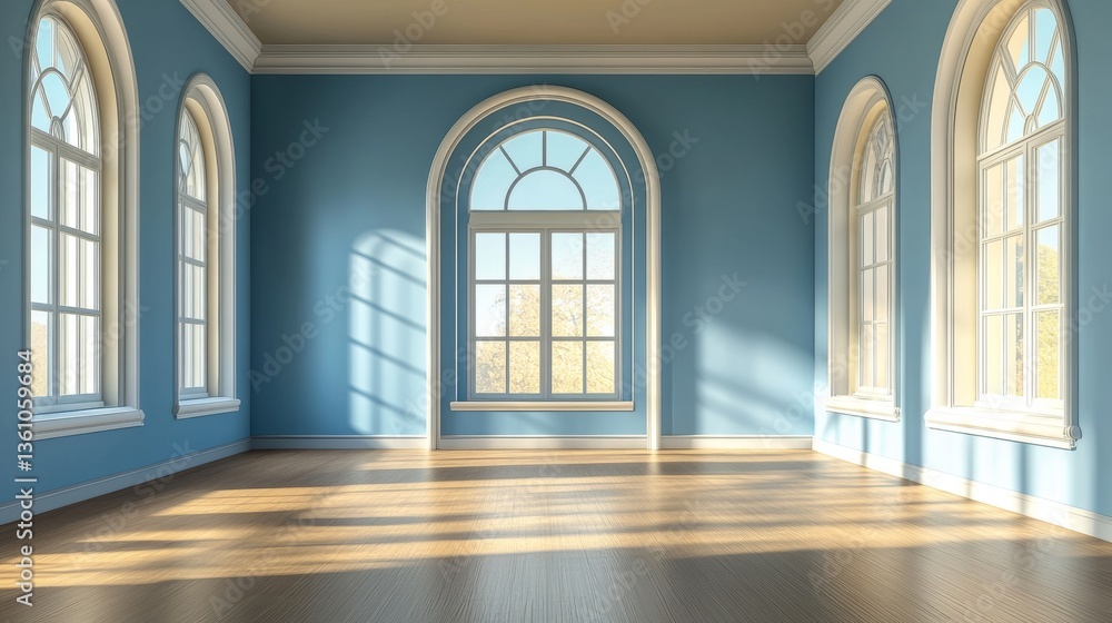 Empty room with blue walls, wooden floor and windows. Empty room with blue walls, wooden floor and windows.