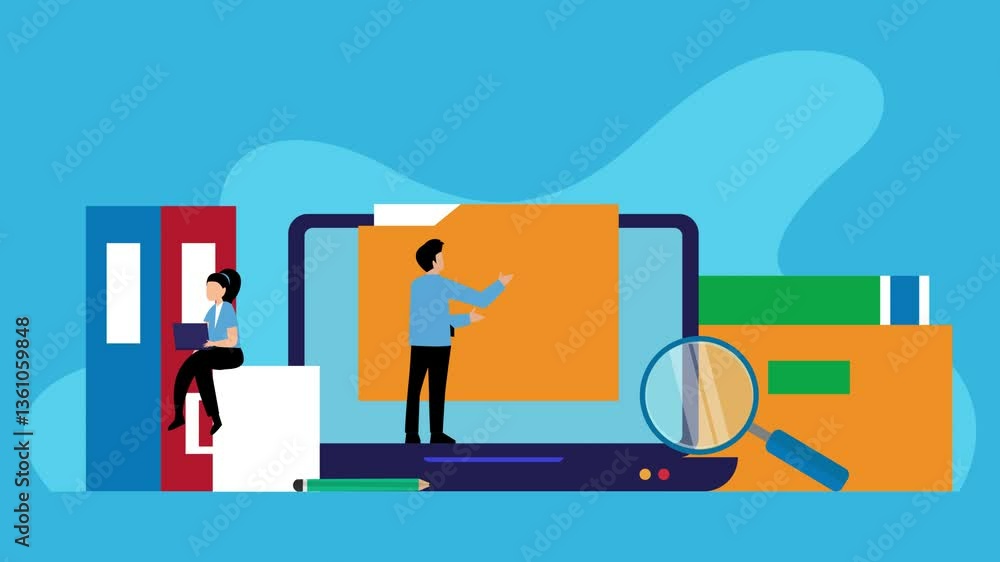 Data Organization and Digital File Management Concept with People, Folders, and Technology cartoon animation Data Organization and Digital File Management Concept with People, Folders, and Technology cartoon animation