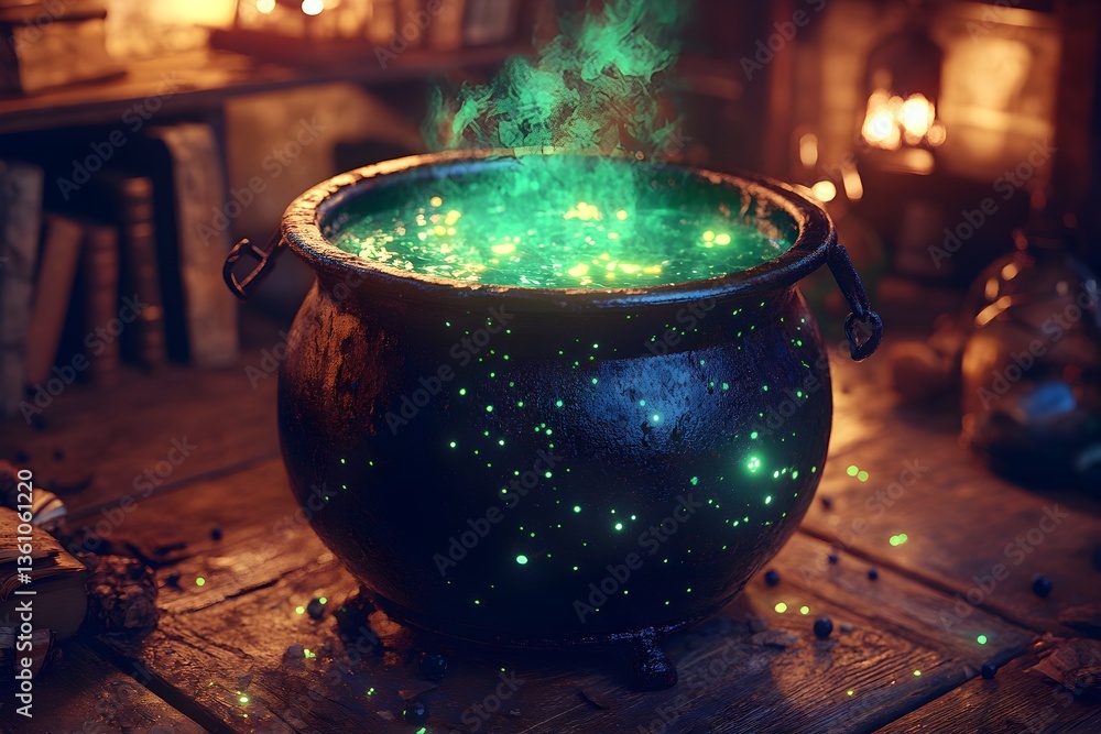 Naklejka premium Glowing potion brews in cauldron, wizard's study, fantasy scene, Halloween