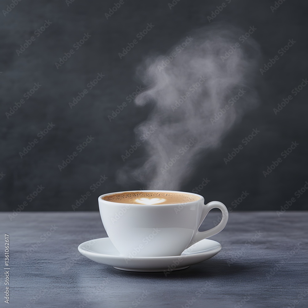 Steaming latte art coffee cup on table, dark background, cafe menu Steaming latte art coffee cup on table, dark background, cafe menu