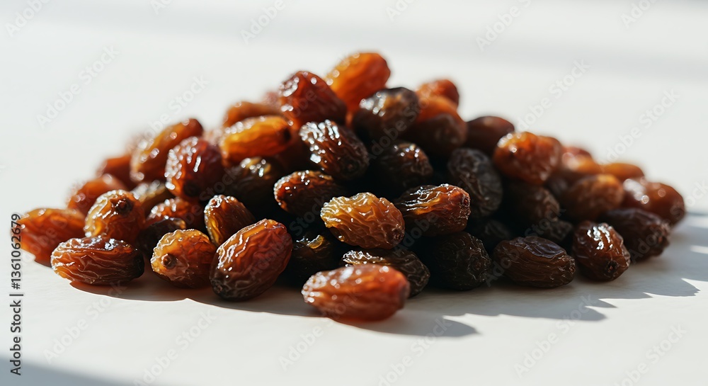 Obraz premium Pile of dried grapes under sunlight - snack temptation - food photography for culinary blog.
