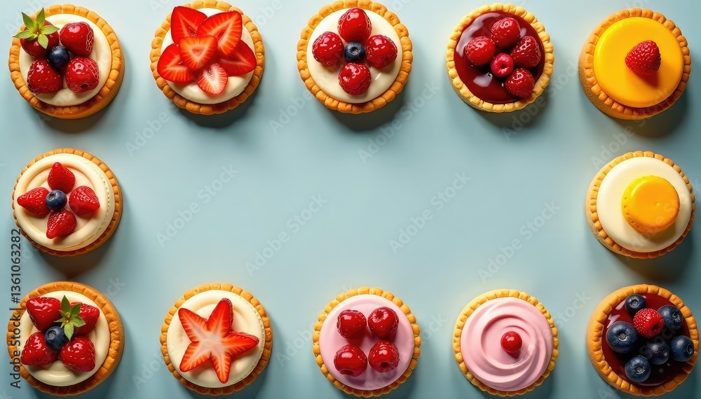 Assortment of fresh pastries, fruit tarts, macarons, macarons, background Assortment of fresh pastries, fruit tarts, macarons, macarons, background