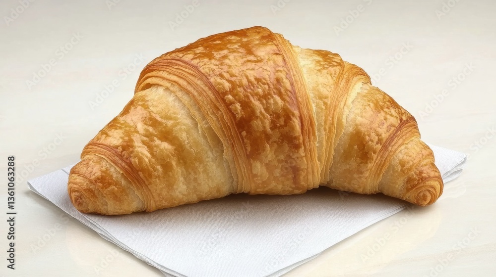 Freshly Baked Croissant on White Tablecloth with Golden Layers and Flaky Texture Perfect for Breakfast or Pastry Lovers Freshly Baked Croissant on White Tablecloth with Golden Layers and Flaky Texture Perfect for Breakfast or Pastry Lovers