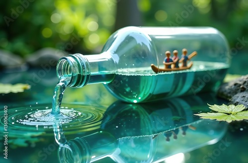 plastic bottle waterfall with tiny people in boat