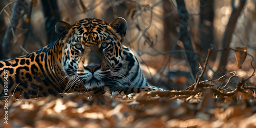 Jaguar resting on a tree branch in a lush green jungle surrounded by dense foliage and vibrant plants  
