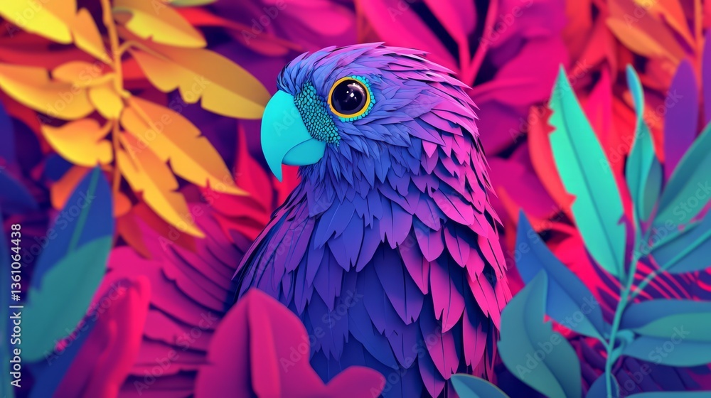 Obraz premium Vibrant and Colorful Digital Artwork of a Parrot Nestled Among Bright Tropical Leaves and Foliage, Showcasing Stunning Craftsmanship and Artistic Vision