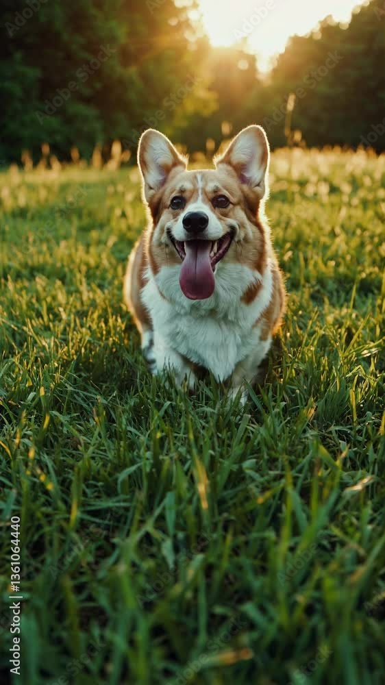 Low-angle video shot of a joyful corgi running on grass at sunset, capturing its playful energy and the warm, golden light of the setting sun. Live mobile wallpaper. Low-angle video shot of a joyful corgi running on grass at sunset, capturing its playful energy and the warm, golden light of the setting sun. Live mobile wallpaper.