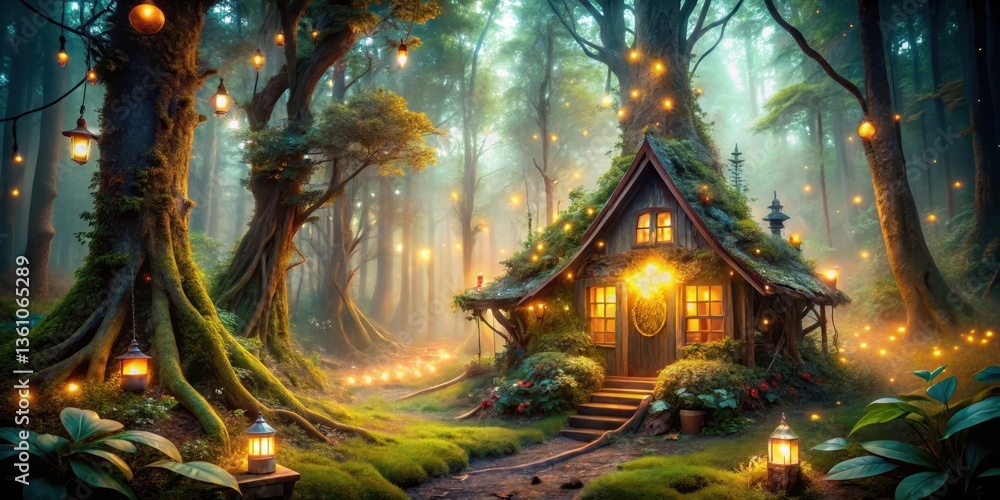 Fototapeta premium Mysterious forest dwelling with radiant light emanations and fanciful embellishments, glowing lights, radiant glow