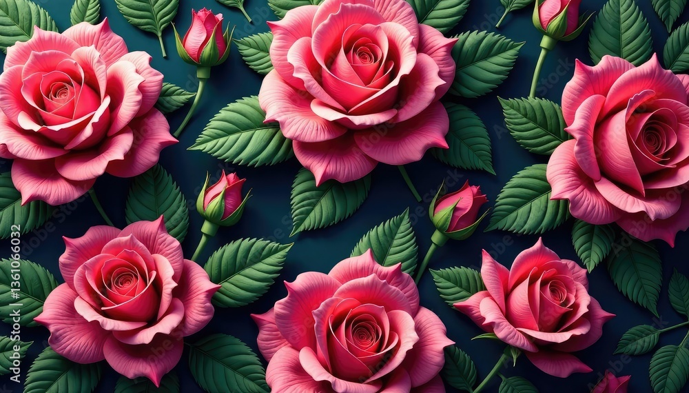 Intricate repeating rose pattern, lush blooms & leaves , texture, overlay, floral design