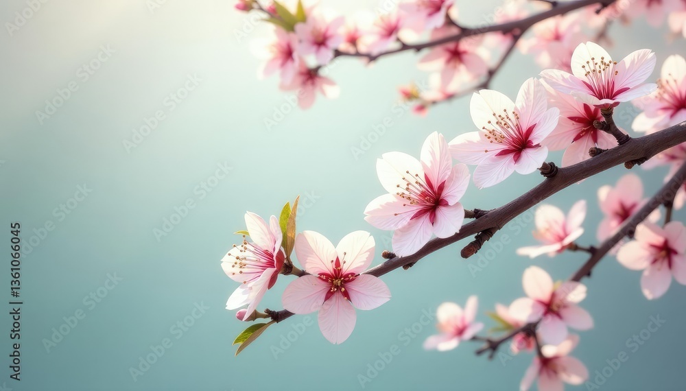 Obraz premium Intricate sakura branch pattern, white & pink blossoms, green leaves , elegant, branch