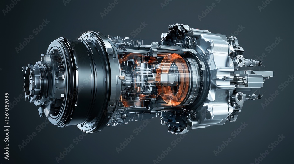 A 3D model of a jet engine with cross-sections showing internal parts A 3D model of a jet engine with cross-sections showing internal parts