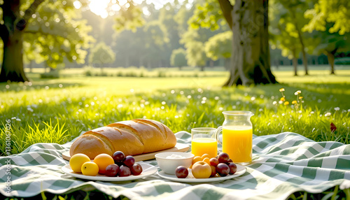 An outdoor picnic scene on a green and white gingham picnic blanket.