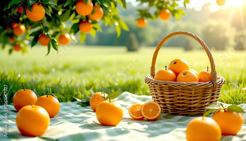 Fresh oranges placed on a gingham picnic and basket, with blurry green field of grass background.