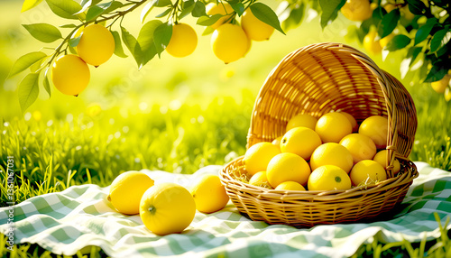 Fresh lemon placed on a gingham picnic and basket, with blurry green field of grass background.