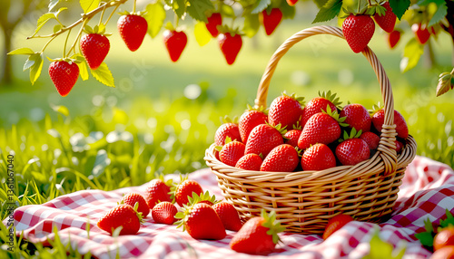 Fresh strawberries placed on a gingham picnic and basket, with blurry green field of grass background.