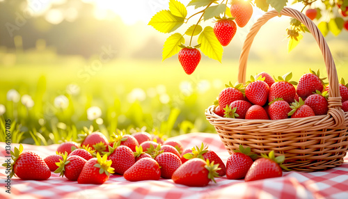 Fresh strawberry placed on a gingham picnic and basket, with blurry green field of grass background.