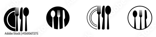 Fork, knife, spoon and plate set icons