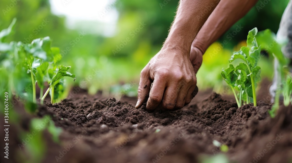 Close-Up of Hands Cultivating Soil While Planting Fresh Vegetables in a Home Garden During Spring Season Close-Up of Hands Cultivating Soil While Planting Fresh Vegetables in a Home Garden During Spring Season