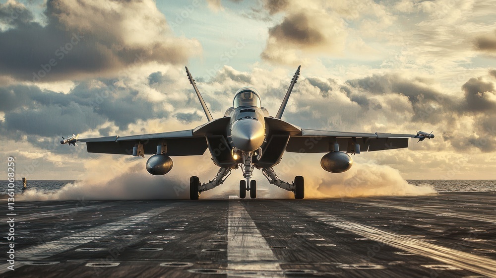 Fototapeta premium A close-up of a military jet taking off from a runway