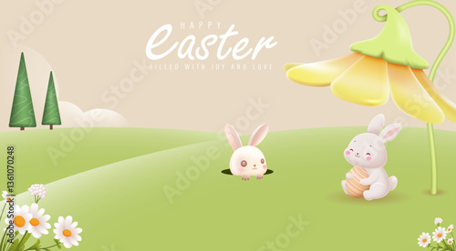 Happy Easter Day Design with Cute Bunny Vector Illustration. Egg Hunt Party Concept. Suitable for Poster Banner Flyer and Brochure Template