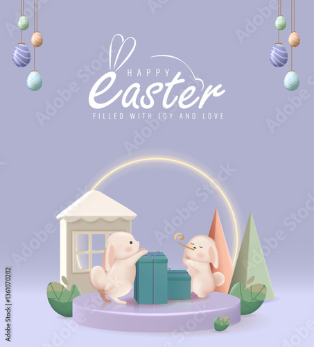 3D Realistic Easter Poster Design with Colorful Eggs and Rabbit Vector Illustration