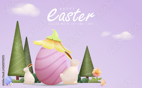 Happy Easter Day Design with Cute Bunny Vector Illustration. Egg Hunt Party Concept. Suitable for Poster Banner Flyer and Brochure Template