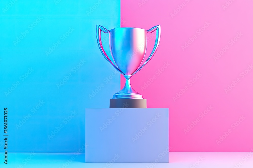 A silver trophy sits on a white cube against a vibrant blue and pink background. A silver trophy sits on a white cube against a vibrant blue and pink background.